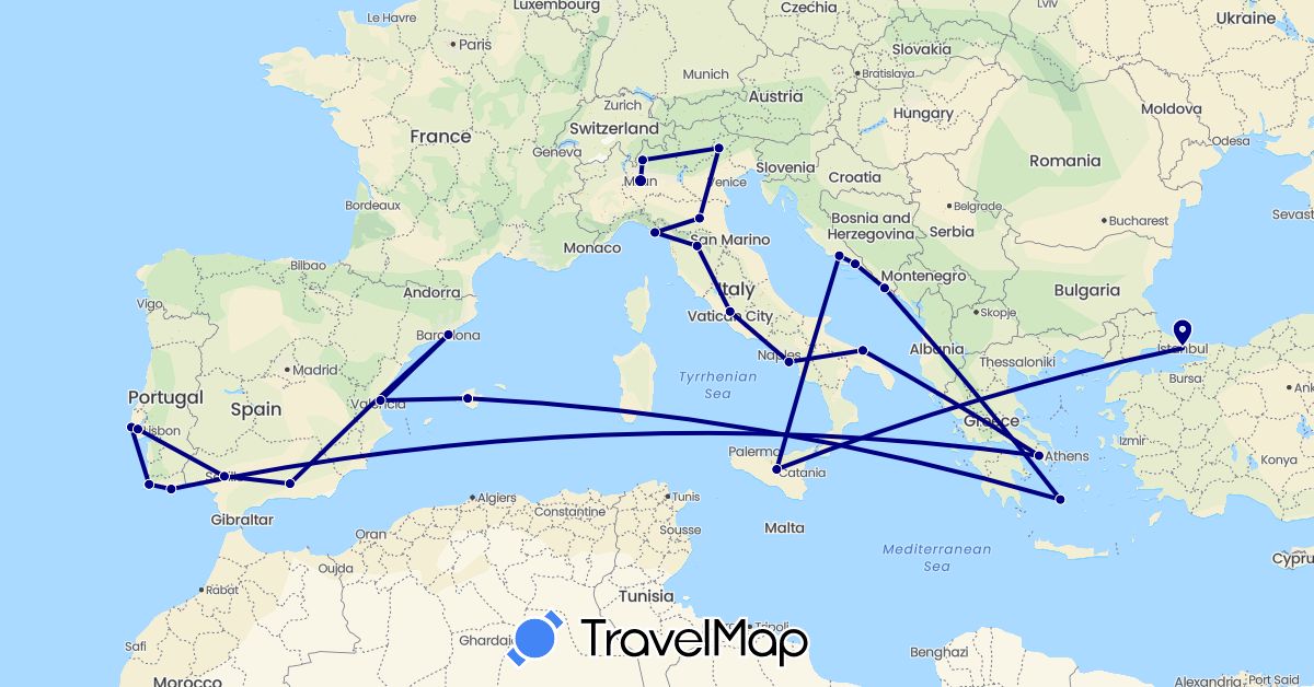 TravelMap itinerary: driving in Spain, Greece, Croatia, Italy, Portugal, Turkey (Asia, Europe)