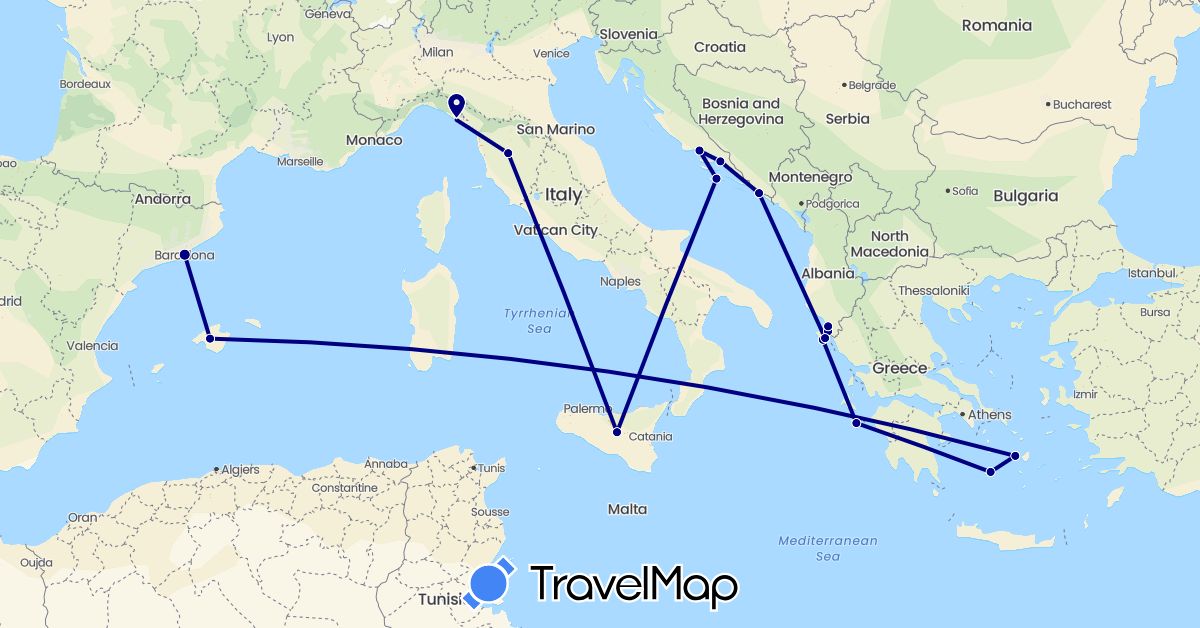 TravelMap itinerary: driving in Albania, Spain, Greece, Croatia, Italy (Europe)